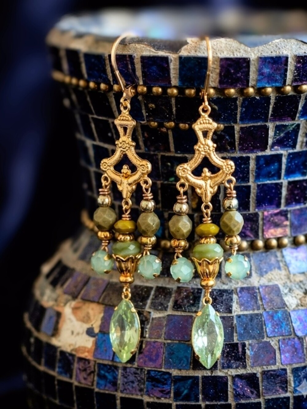 Victorian Apple Green Crystals & Glass In Gold Plated Chandelier Earrings